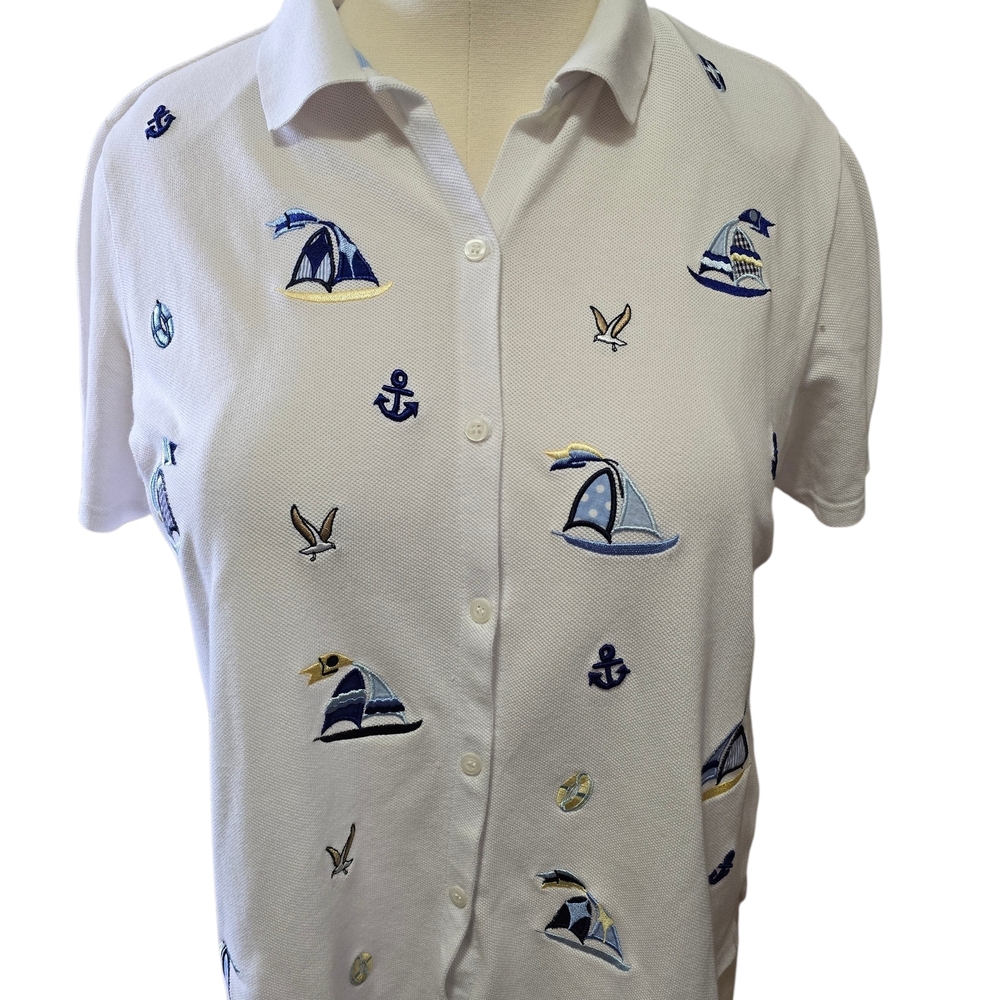 Karen Scott White Nautical Embroidered Button-Down Shirt